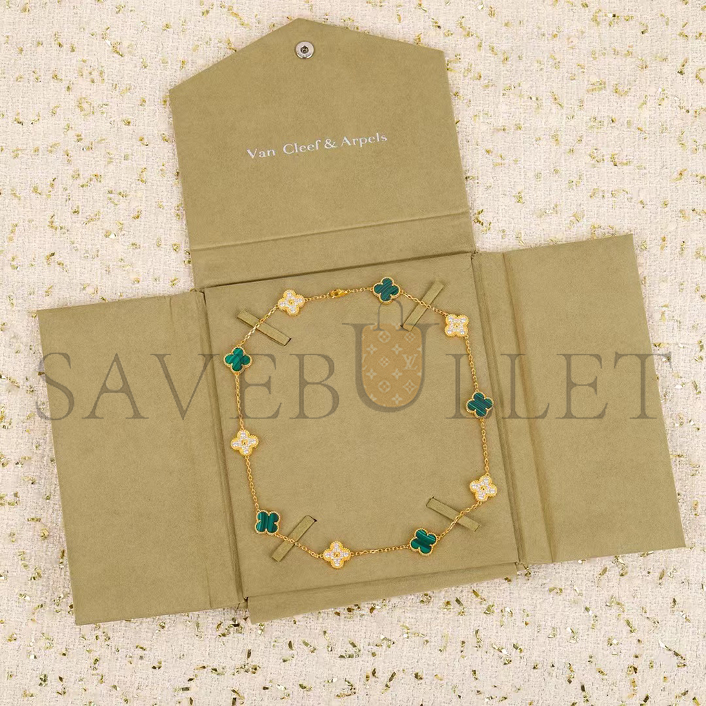 V*N CL*F arpels vintage alhambra necklace, 10 motifs - yellow gold, diamond, malachite vcaro9j400