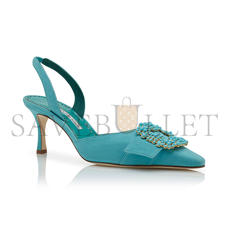 MANOLO BLAHNIK GIBSLIUS LIGHT BLUE SUEDE PEARL BUCKLE SLINGBACK PUMPS 125-2897-0003