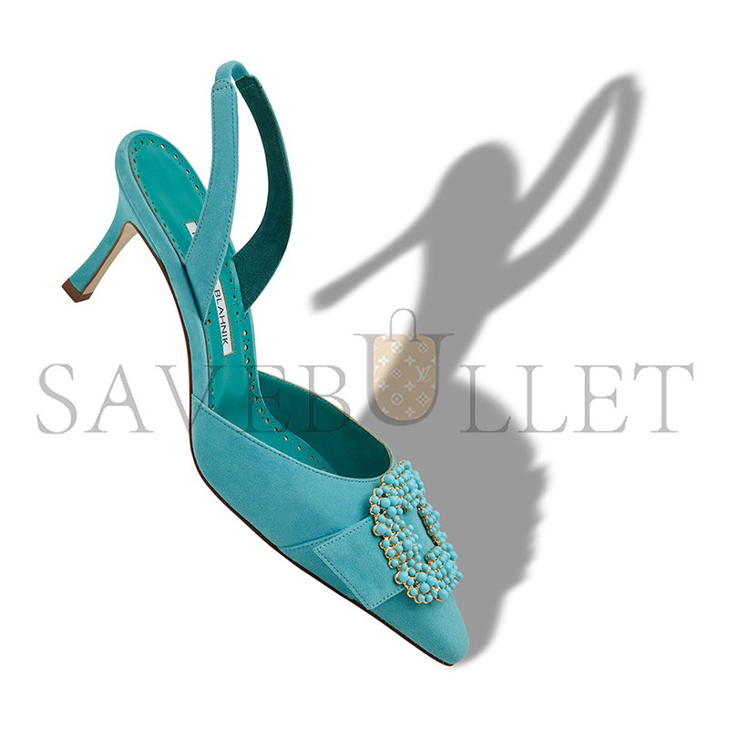 MANOLO BLAHNIK GIBSLIUS LIGHT BLUE SUEDE PEARL BUCKLE SLINGBACK PUMPS 125-2897-0003