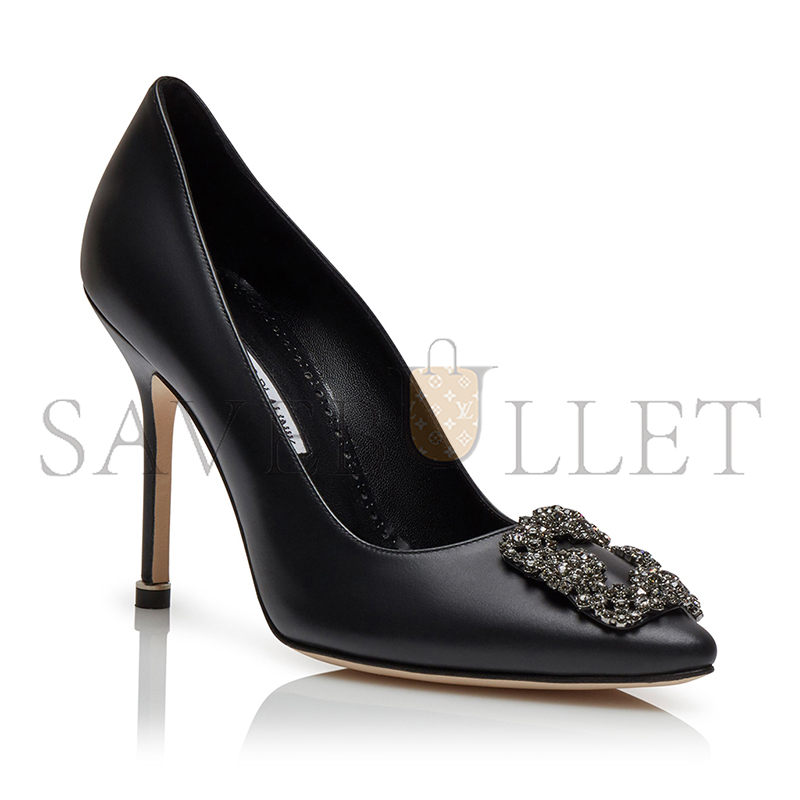 MANOLO BLAHNIK HANGISIUS BLACK CALF LEATHER JEWEL BUCKLE PUMPS 121-1436-0001