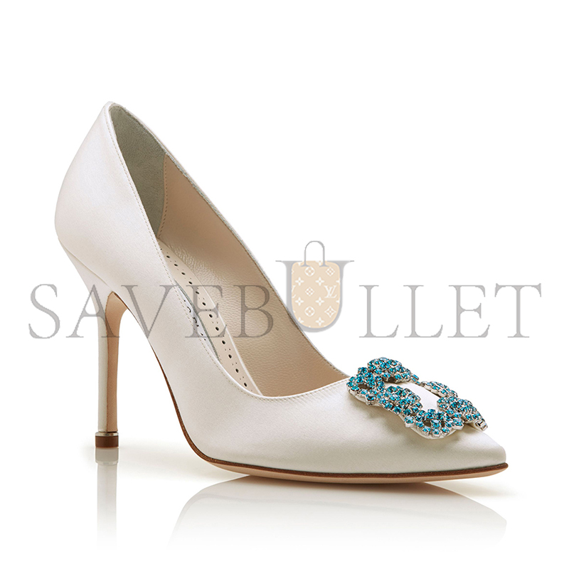 MANOLO BLAHNIK HANGISI BRIDE WHITE SATIN JEWEL BUCKLE PUMPS 9XX-0002-0002