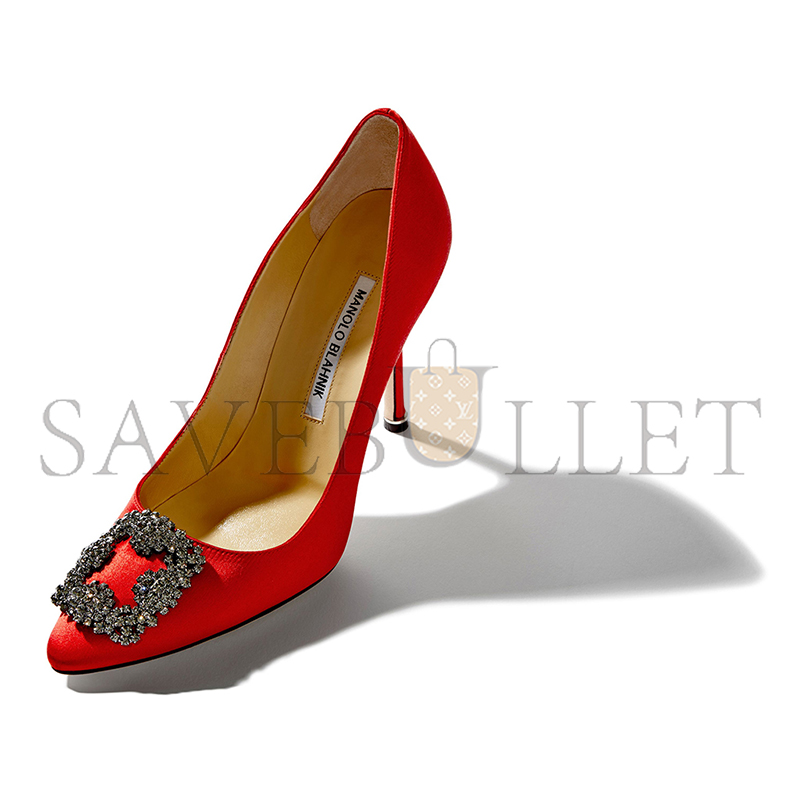 MANOLO BLAHNIK HANGISI RED SATIN JEWEL BUCKLE PUMPS 9XX-0664-0032