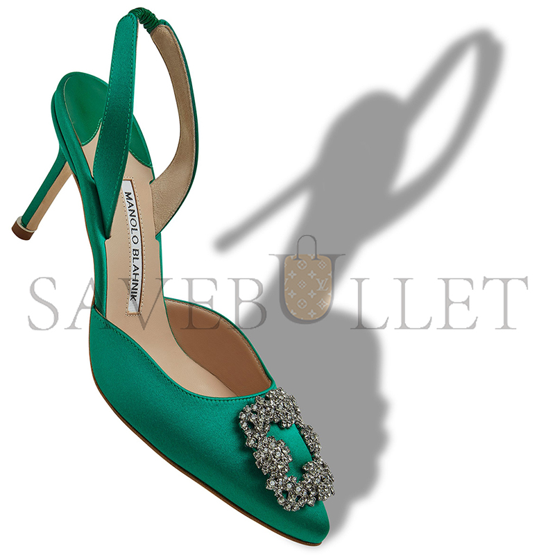 MANOLO BLAHNIK HANGISLI GREEN SATIN JEWEL BUCKLE SLINGBACK PUMPS 419-0473-0007