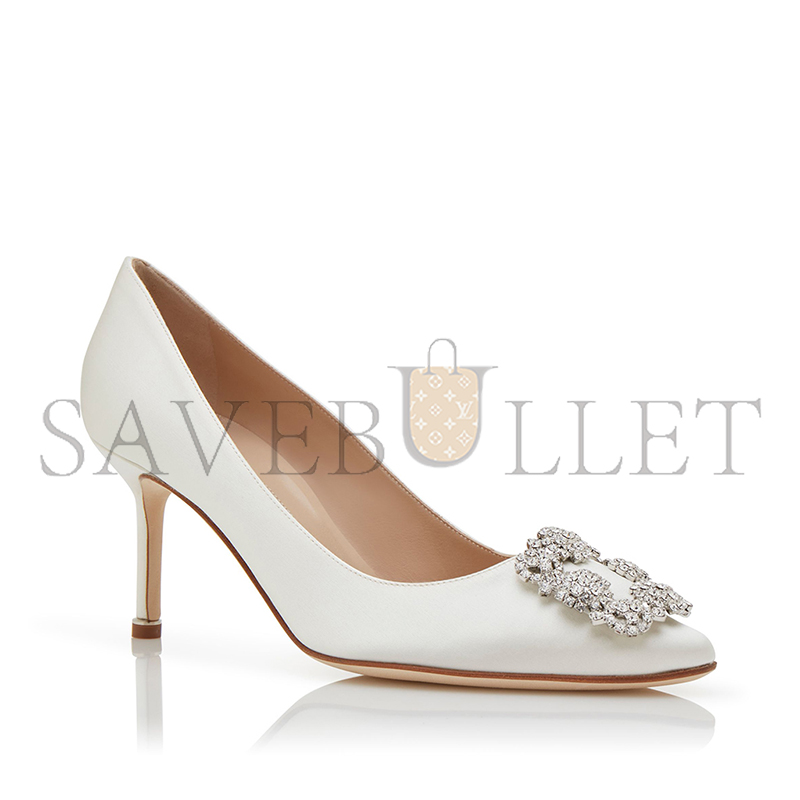 MANOLO BLAHNIK HANGISI 70 WHITE SATIN JEWEL BUCKLE PUMPS 9XX-0316-0044