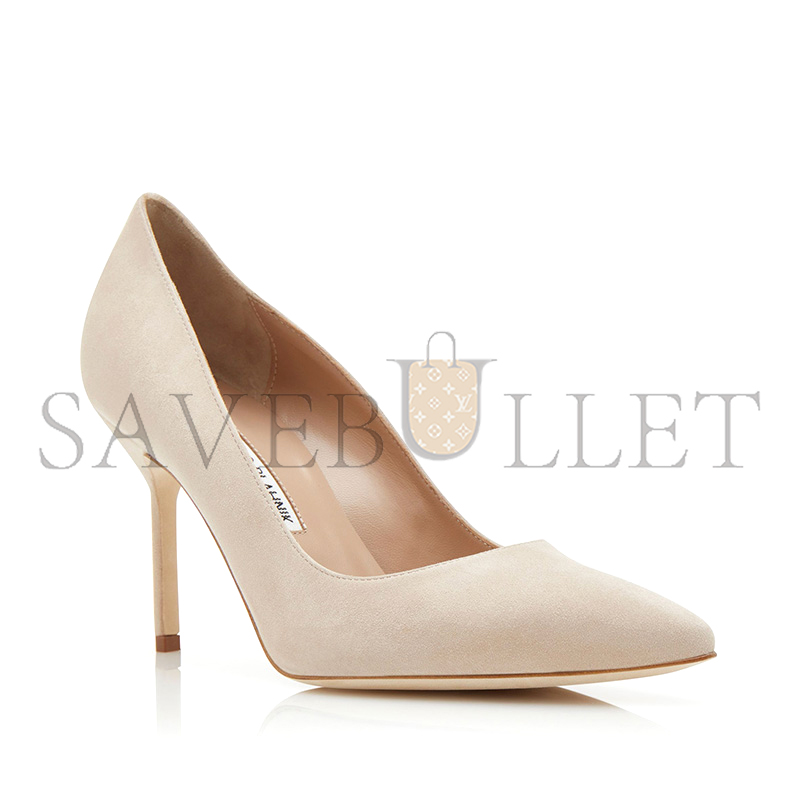 MANOLO BLAHNIK BB 90 LIGHT BEIGE SUEDE POINTED TOE PUMPS 9XX-0416-0015