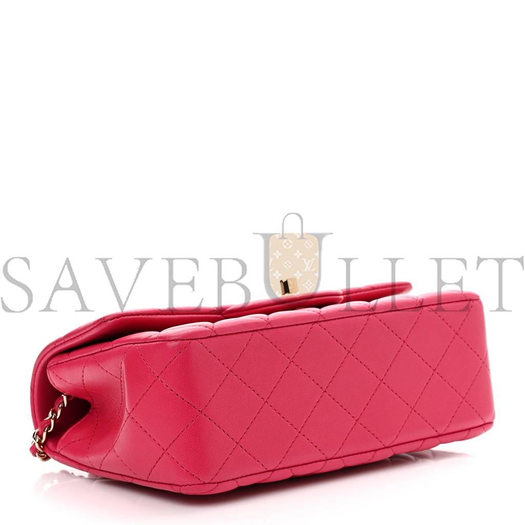 Ch*el lambskin quilted mini top handle rectangular flap dark pink rose gold hardware (19*13*7cm)