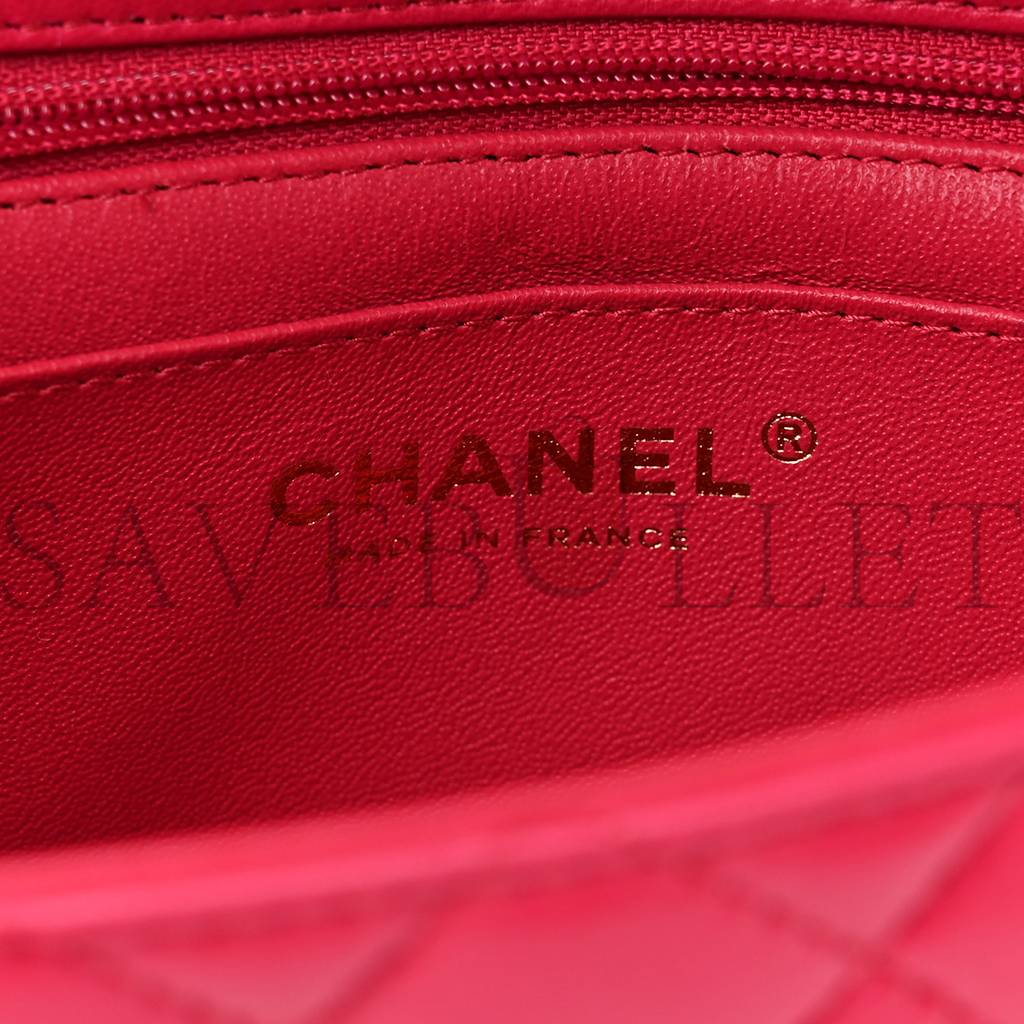 Ch*el lambskin quilted mini top handle rectangular flap dark pink rose gold hardware (19*13*7cm)