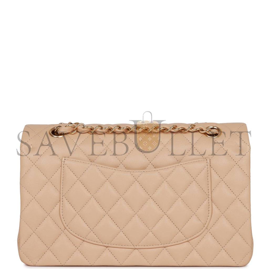 Ch*el medium classic double flap bag beige lambskin light gold hardware (25*15*7cm)
