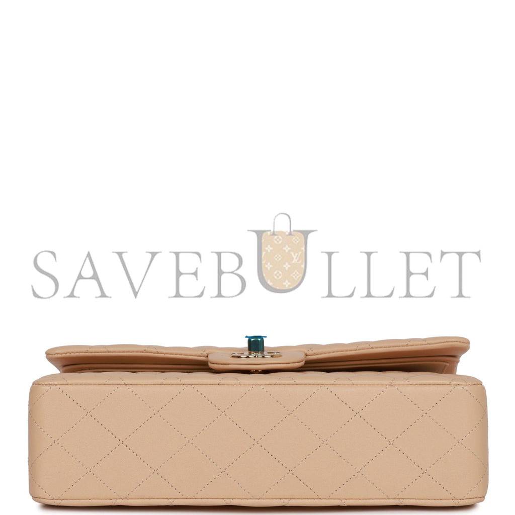 Ch*el medium classic double flap bag beige lambskin light gold hardware (25*15*7cm)