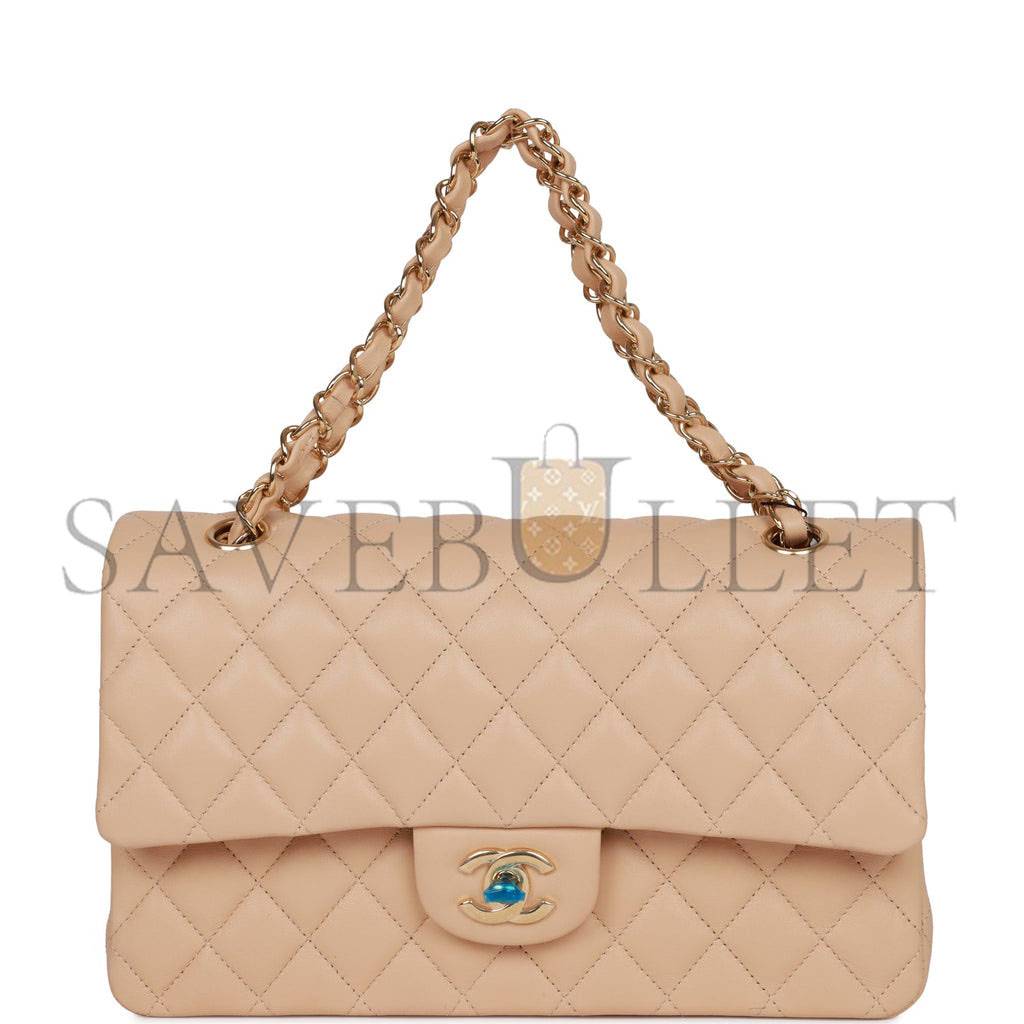 Ch*el medium classic double flap bag beige lambskin light gold hardware (25*15*7cm)