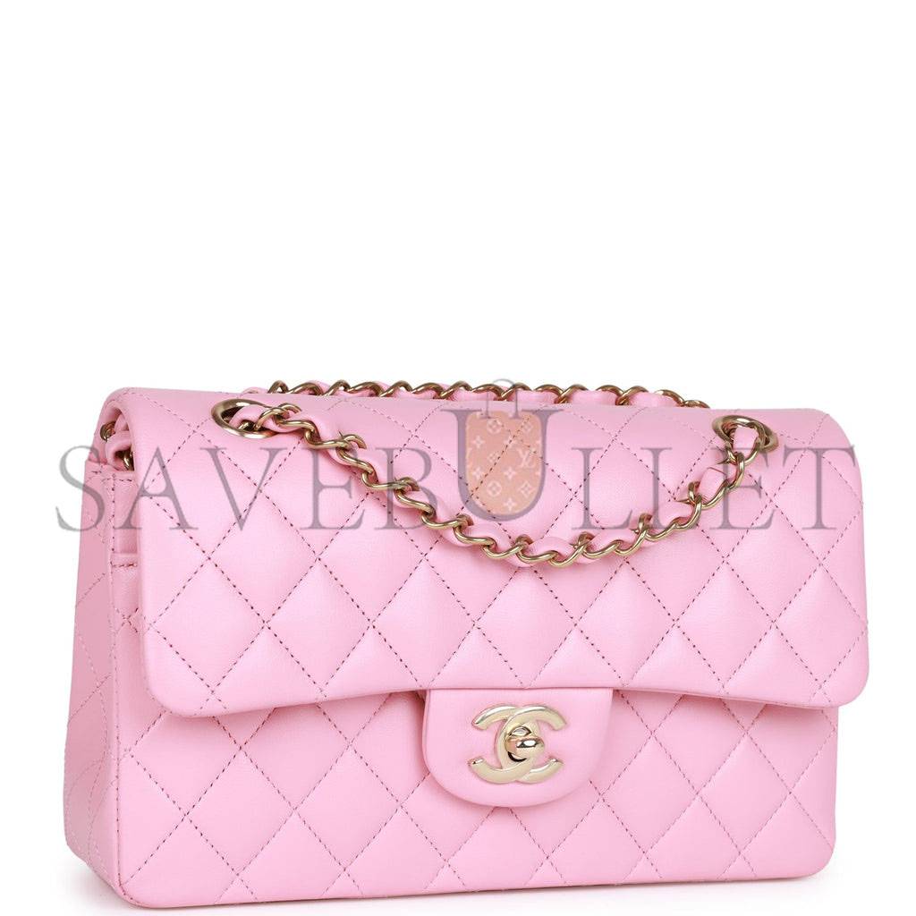 Ch*el small classic double flap pink lambskin light gold hardware (23*13*6cm)